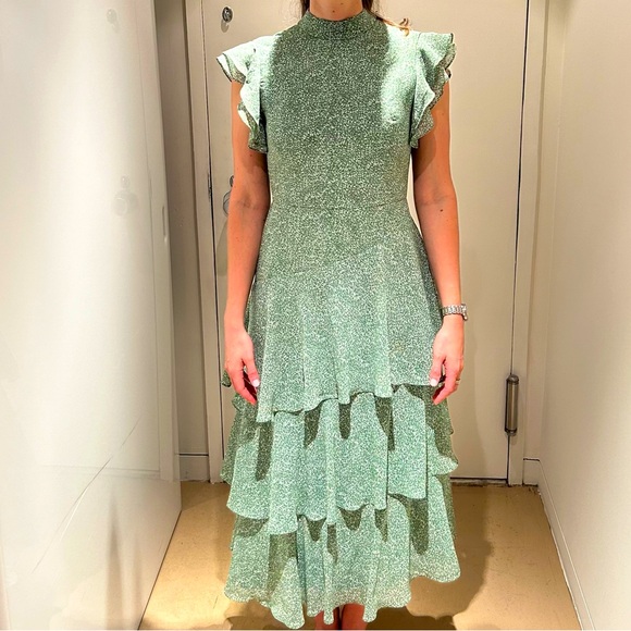 Mikael Aghal green long tiered dress, high neck - Picture 3 of 4